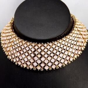 Pink Faux Opal Rhinestone Gold Stretch Links Wide Collar Necklace